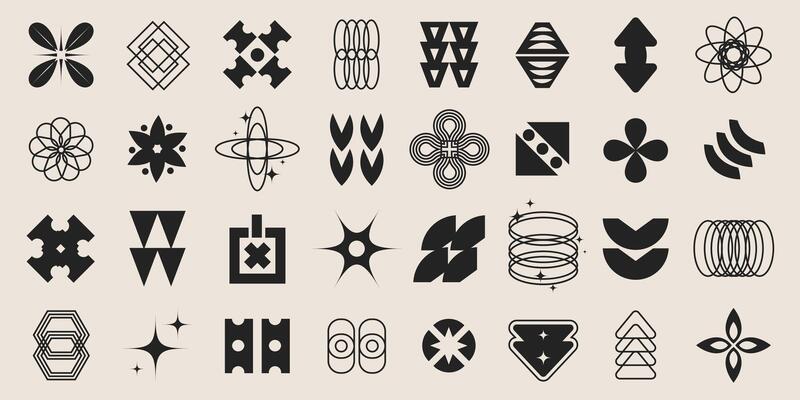 Brutalist black and white geometric shapes set. Abstract contemporary shapes, y2k retro design elements collection. Funky geometric minimal figures and shapes for banner, poster, sticker, websites