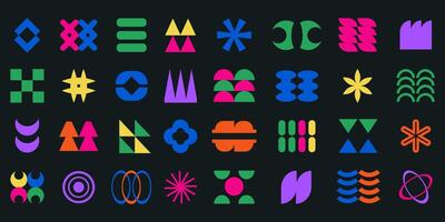 Abstract colorful geometric shapes set. Brutalist contemporary groovy shapes, y2k retro design elements collection. Funky geometric minimal figures and shapes for banner, poster, sticker, websites vector