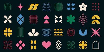 Trendy colorful geometric shapes set. Brutalist contemporary groovy shapes, y2k retro design elements collection. Funky geometric minimal figures and shapes for banner, poster, sticker, websites vector