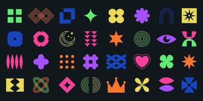 Groovy abstract geometric shapes set. Brutalist contemporary shapes, y2k retro design elements collection. Funky geometric minimal figures and shapes for banner, poster, sticker, websites vector