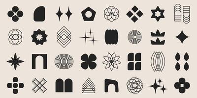Retro abstract black and white geometric shapes set. Brutalist contemporary shapes, y2k retro design elements collection. Funky geometric minimal figures and shapes for banner, poster, sticker vector