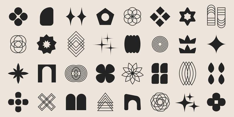 Retro abstract black and white geometric shapes set. Brutalist contemporary shapes, y2k retro design elements collection. Funky geometric minimal figures and shapes for banner, poster, sticker