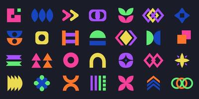 Colorful abstract geometric shapes set. Brutalist contemporary groovy shapes, y2k design elements collection. Funky geometric minimal figures and shapes for banner, poster, sticker, websites vector