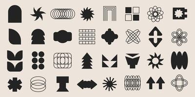 Minimal black and white geometric shapes set. Abstract contemporary shapes, y2k retro design elements collection. Funky geometric minimal figures and shapes for banner, poster, sticker, websites vector