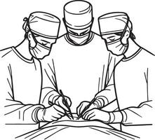 Surgeons Doing Surgery Line Drawing. vector