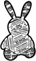 A black and white drawing of a bunny with words on it vector