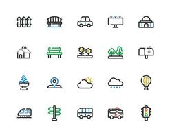 Set Icons of City, Buildings, Traffic Light, Vehicle and Infrastructure on a Colored Outline Icon Style. vector