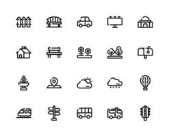 Set Icons of City, Buildings, Traffic Light, Vehicle and Infrastructure on a Black Outline Icon Style. vector