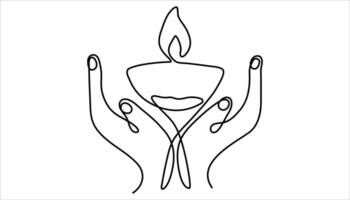 Hand holding burning candle continuous one line drawing. Continuous one line drawing. Candle burn simple line art design. vector