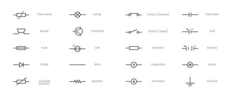 Collection of blueprint electronic circuit symbols - led, resistor, switch, capacitor, transformer, wire, lamp, zener, fuse, potentiometer, battery, ammeter, diode, voltmeter, cell, ground vector