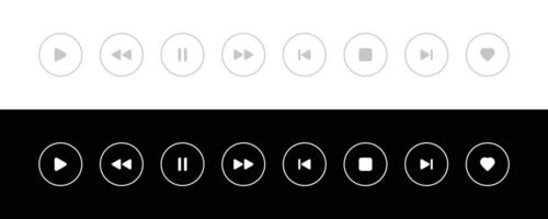 Music player icon set with play, pause, next, previous like and settings symbol in black and white color stroke style. Media Player Buttons icon set, Play and pause buttons sign, Audio Player. vector
