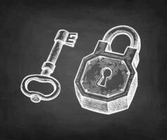 Old padlock and key. Chalk sketch on blackboard background. Hand drawn illustration. Retro style. vector