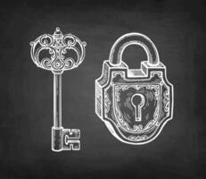 Vintage padlock and key. Chalk sketch on blackboard background. Hand drawn illustration. Retro style. vector