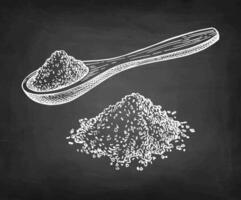 Ground spice. Spoonful of nutmeg powder. Chalk sketch on blackboard background. Hand drawn illustration. Retro style. vector