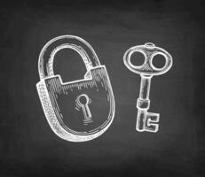 Old padlock and key. Chalk sketch on blackboard background. Hand drawn illustration. vector
