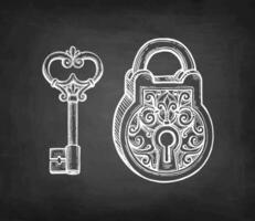 Vintage padlock and key. Chalk sketch on blackboard background. vector