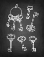 Vintage keys collection. Chalk sketches on blackboard background. Hand drawn illustration. Retro style. vector
