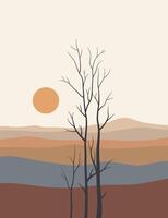 landscape line art drawing with abstract shape. vector