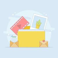 The concept of organized files organizes a collection of files including videos, images, and email messages. Organizing documents into folders archives file management and administrative work. vector