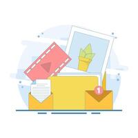 The concept of organized files organizes a collection of files that include videos, images, and email messages. Organizing documents into folders archives file management and administration. vector