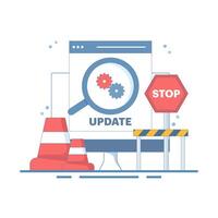 device with software update screen, System maintenance, payment process, software installation, operating system. Update process installation, program update, data network. Flat illustration. vector