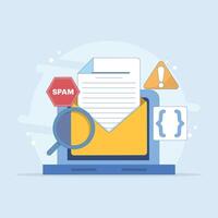 Spam email concept set enlarged bug email warning sign on computer monitor screen. Laptop with envelope and document with exclamation mark on screen. warning message. Flat design illustration vector