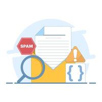 Spam email concept set enlarged bug email warning sign on computer monitor screen. Laptop with envelope and document with exclamation mark on screen. warning message. Design illustration vector