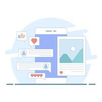 social media concept, feedback, comments, on smart device screen, social media marketing, mobile app, banner, business content strategy, digital marketing online connection, design illustration. vector