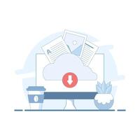 Cloud Based Data Upload Concept. Cloud Storage with Documents. Uploading and downloading of information and data processing, cloud storage or data transfer services. Flat illustration. vector