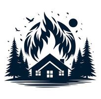 A house with flames and trees in the background vector