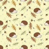 Cute print with hedgehogs acorns and leaves. Fall print. Seamless pattern vector