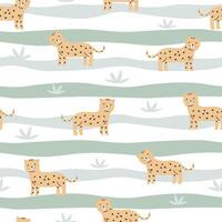 Seamless childish jungle pattern with cute leopard. Perfect for fabric vector
