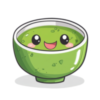 Cute cartoon bowl of green matcha with smiling face and vivid colors png