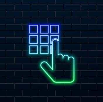 hand enter the password. neon style. on the dial pad glyph pictogram. Security bank key number on ATM finger button. secret combination. vector