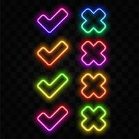 x icon and checked. neon style. selection. disapproved icon. Wrong symbol icon vector