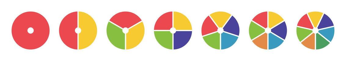 Donut chart icons. Pies segmented on from 1 to 7 equal parts. Wheels divided in sections. Diagrams infographic multicoloured. Circle section graphs. Loading bar mockup. Pizza chart round icons layout. vector