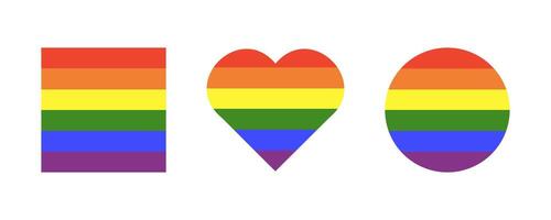 Rainbow lgbt flags. Gay pride frames. Progress Logo symbol. LGBT square, heart, circle icons. Stickers in rainbow colors. Round, heart, rectangular badge, button, backdrops, mockups. Template design. vector