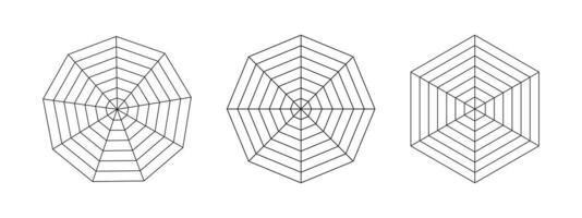 Octagon, hexagon, enneagon radar, diagram template. Spider mesh. Polygon graphs. Diagram for statistic, analytic. Blank radar charts. Minimalist coaching tool. Grid with segments. Graphic illustration vector