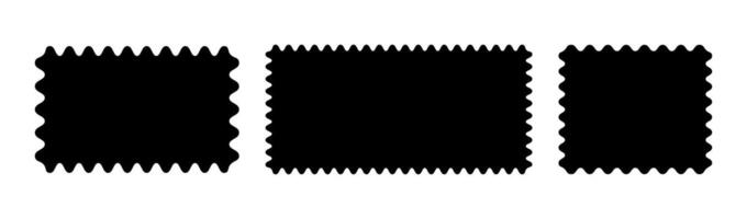 Black backdrops. Rectangular patterns with squiggly borders. Doodle wave curve edge frame mockup. Minimal tag, empty text box, label, stamp, cracker, coupon with curvy, squiggly, wiggly, wavy edges. vector