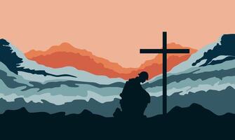 Silhouette of a soldier at a mass grave against the backdrop of a sunset. Poster for the day of remembrance of those killed in the war. Anzac Day, Remembrance, Victory day with copyspace vector