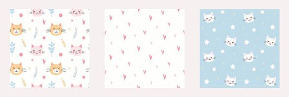 Set of seamless patterns with cats and hearts. Hand-drawn illustration for nursery, bedding, fabric, textile and wrapping. Cute animals for baby products and print. vector