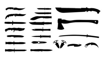 Set of black silhouettes of cold weapons on a white background. Banner with icons for posters, backgrounds, computer games of the action and shooter genre. vector