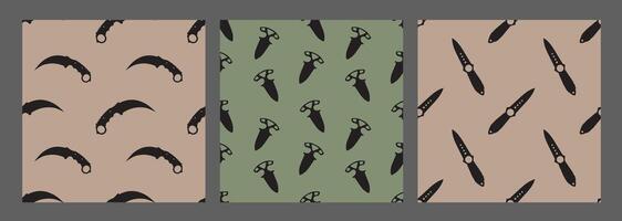 Set of 3 seamless patterns silhouettes of karambit knives, dagger on a green background. For backgrounds, backdrops, printing on fabric and textiles in military style vector
