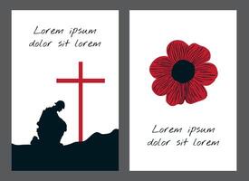 Set of postcards for the day of remembrance of fallen soldiers on a white background with a silhouette of a soldiers grave and a red poppy flower. Anzac Day, Remembrance, Victory day with copyspace vector
