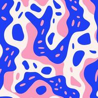 Abstract seamless pattern in 80s and 90s camouflage style. Bright blue and pink spots, dots and waves for backgrounds, print, textile and wrapping. vector