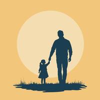 illustration of a father and child silhouette holding hands on a single color background vector