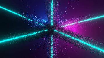 A dynamic 3D loop animation featuring neon light beams intersecting, bursting with particles in a vibrant, futuristic space. Ideal for high tech or energetic visuals. video