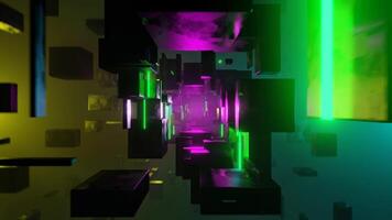 3D loop animation featuring floating cubes in a neon lit, futuristic space. Perfect for tech or science fiction themed projects. video