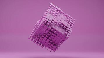 A mesmerizing 3D loop animation featuring a cube composed of smaller cubes, exploding and reforming in a soft, pink hue. Perfect for abstract background or modern tech projects. video