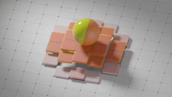3D orange and yellow ball rolling along a floating floortile path. The sphere is rolling through cubes seen from beside and travel across the board. video